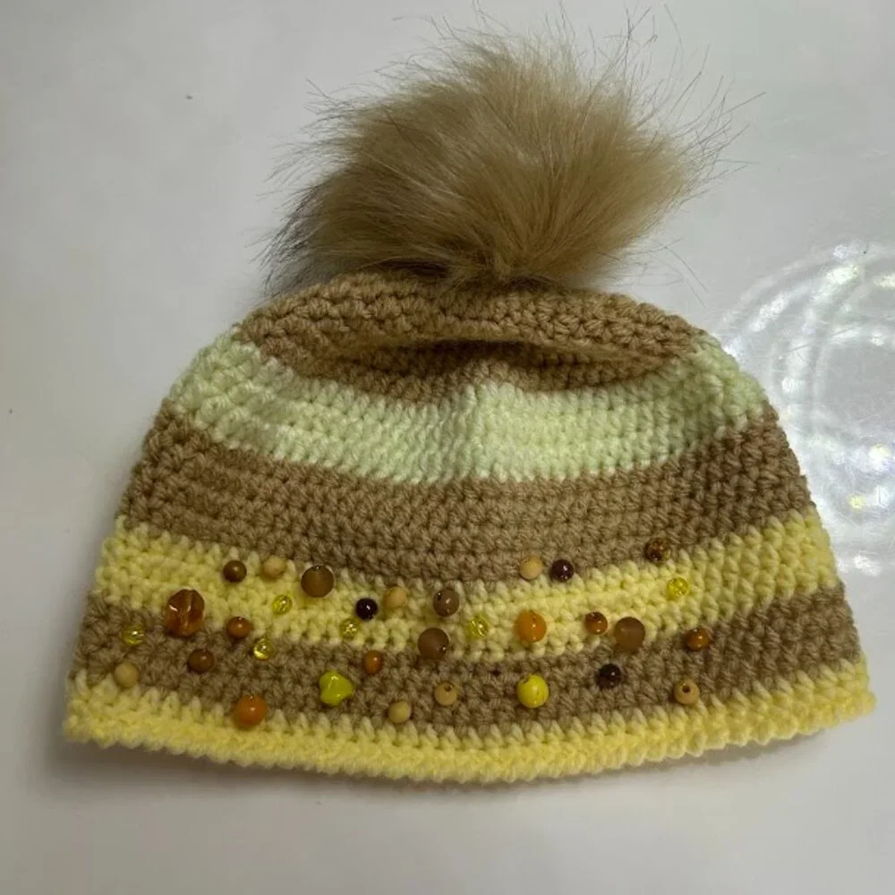 Handmade Crochet Beanie Hat With Pom Pom And Amber Bead Embellishments